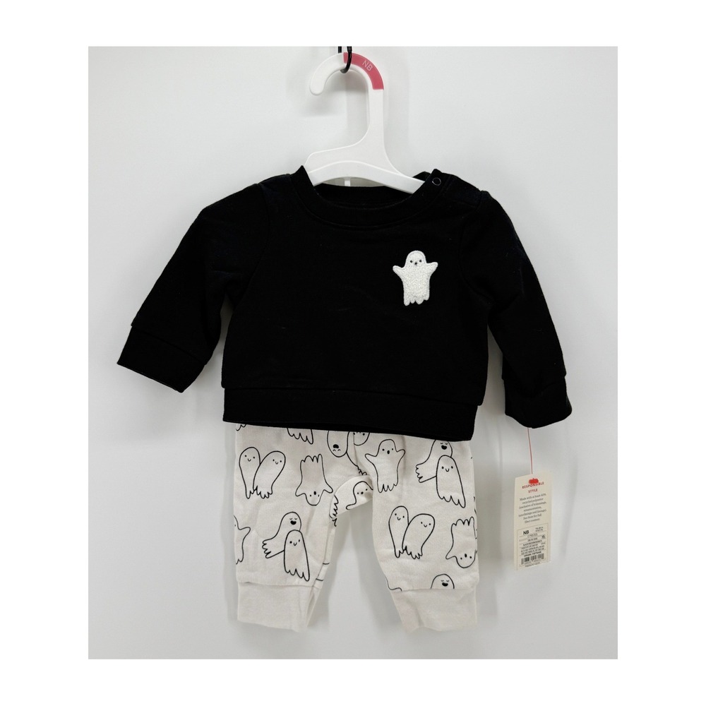 Cat & Jack Baby Newborn Ghost Halloween Sweatshirt and Joggers 2pc Set Black NB